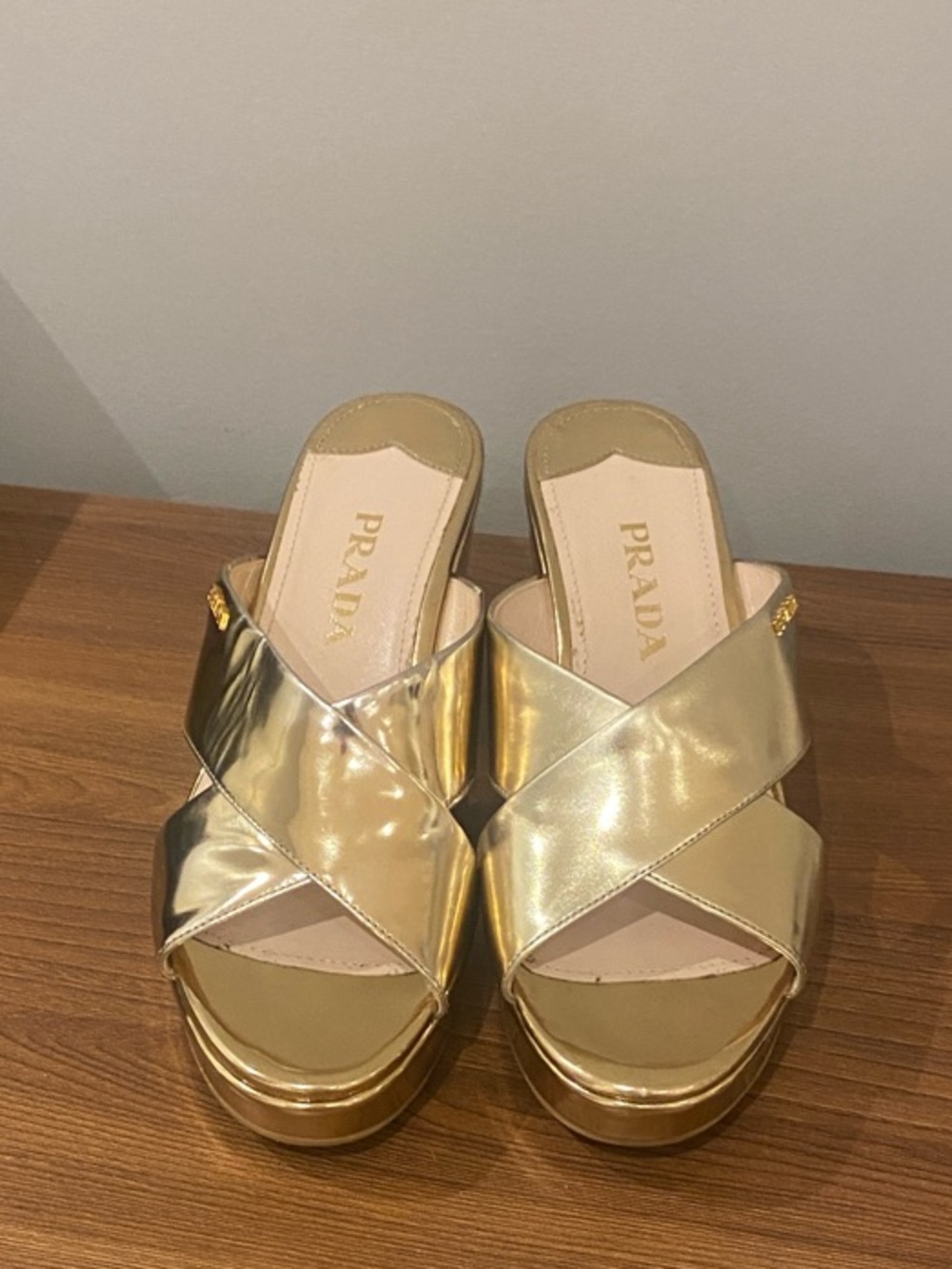 Prada Metallic Gold Crisscross Mule Sandals